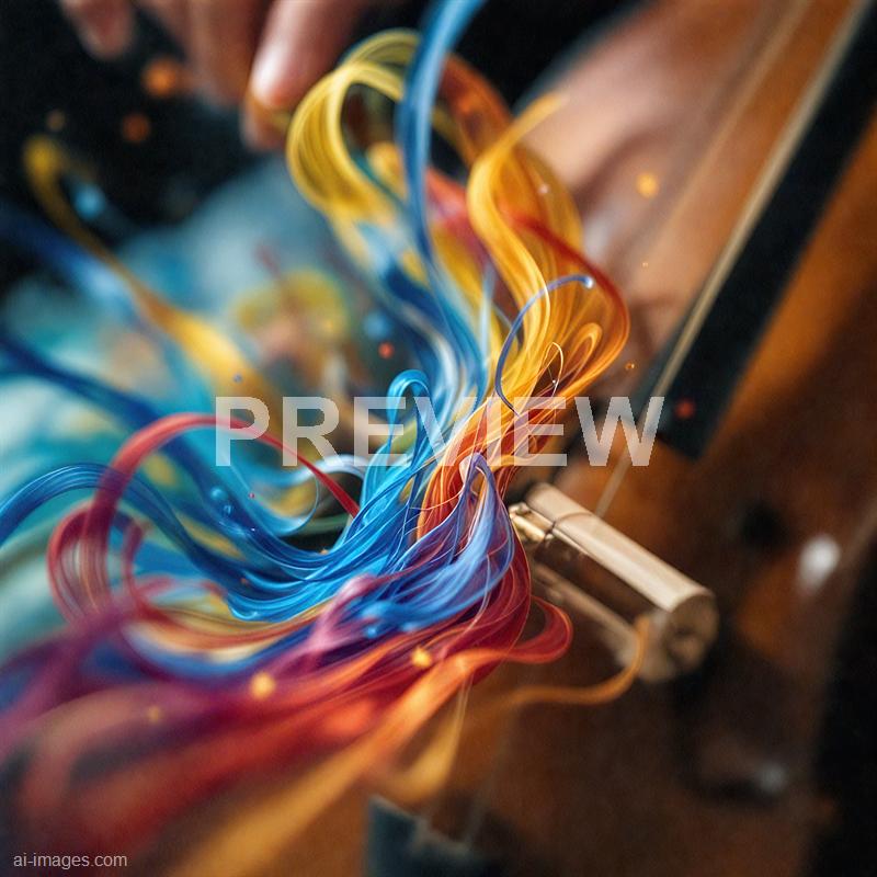 The image features an array of colorful, swirling glass threads or filaments emanating from a glassblowing pipe, with vibrant shades of blue, yellow, red, and purple. These delicate glass strands are in the process of being shaped or manipulated, set against a blurred background that suggests a workshop or studio environment. The scene captures the dynamic and artistic nature of glass art creation, emphasizing the fluid motion and craftsmanship involved.